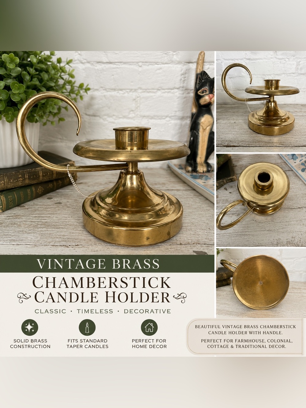 Vintage Solid Brass Chamberstick Candle Holder with Handle